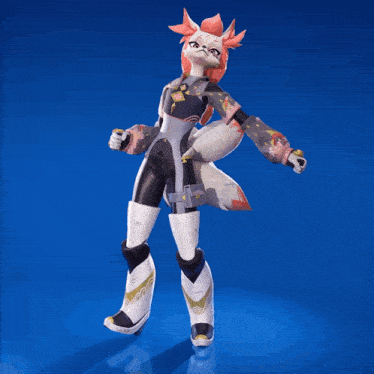 a cartoon character with a fox tail is standing on a blue surface