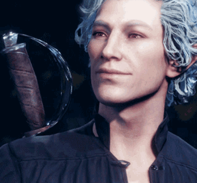a man with blue hair holds a sword in his hand