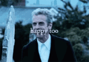 a man in a suit is smiling with the words happy too written on his face .