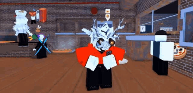 a cartoon character is standing in front of a brick wall in a pizza shop .