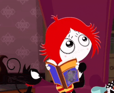 a girl with red hair is reading a book