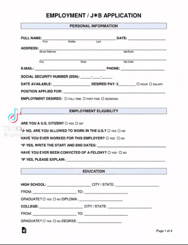 a black and white employment / j * b application form with a tiktok logo on it .