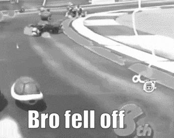 a black and white photo of a video game with the words `` bro fell off '' written on the bottom .