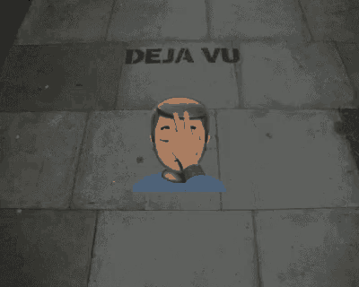 a cartoon of a man covering his face with his hand and the words deja vu written on the ground
