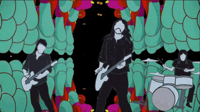 a drawing of a man playing a guitar and a drummer