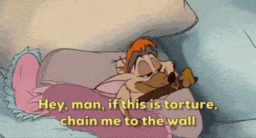 a cartoon character is laying on a bed with the words hey man if this is torture chain me to the wall