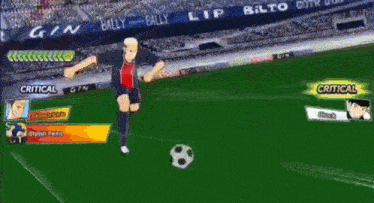 two soccer players are playing a game with critical written on the screen