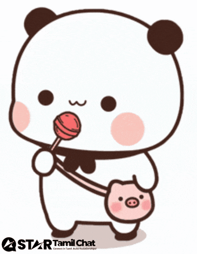 a cartoon of a panda bear holding a lollipop and a pink pig purse
