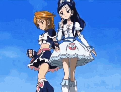 two anime girls are standing next to each other on a blue sky background .