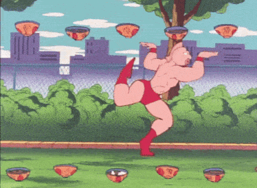 a cartoon of a man juggling bowls with a tree in the background