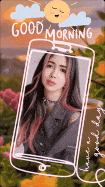 a phone with a picture of a woman and the words good morning on it