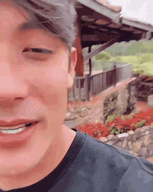a close up of a man 's face with one eye closed