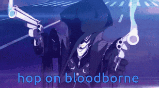 a man in a suit is holding two guns and the words hop on bloodborne are below him