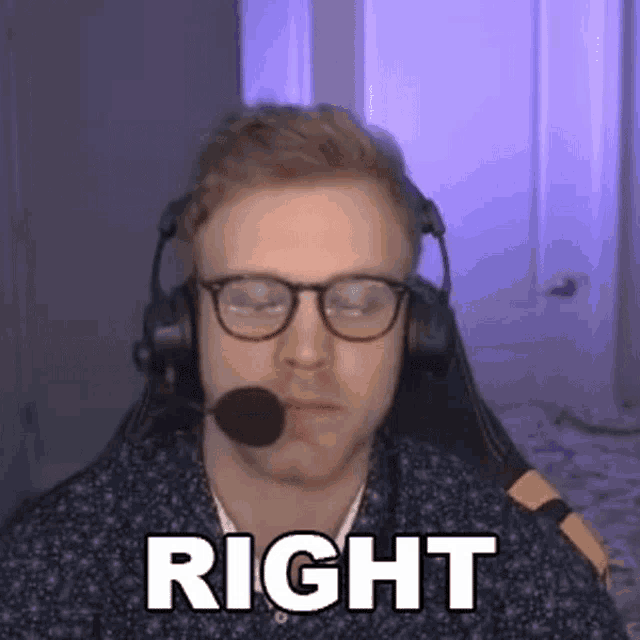 a man wearing headphones and glasses is sitting in a chair with a microphone in his mouth and says right .