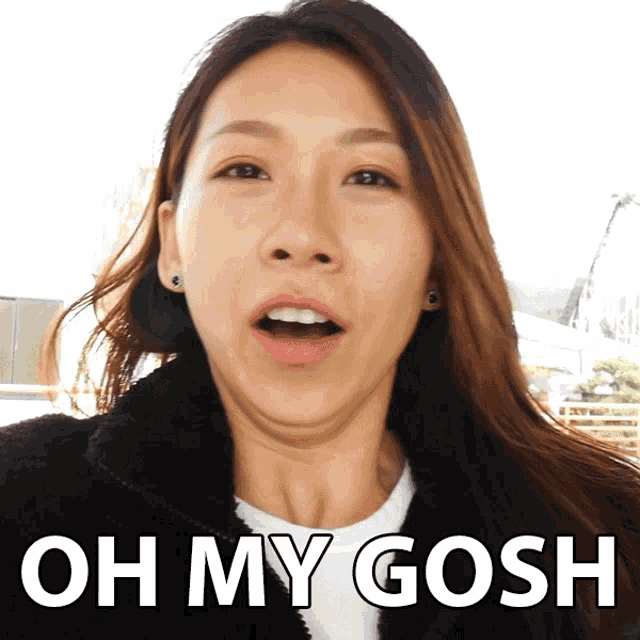 a woman making a funny face with the words oh my gosh above her