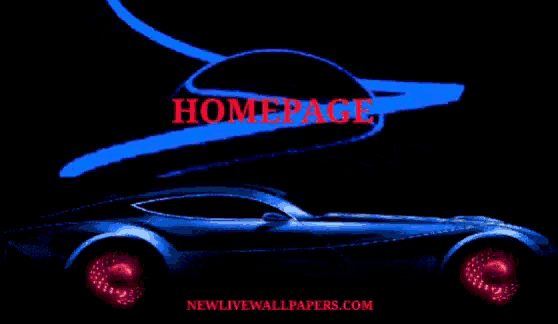 a blue car is on a black background with the words homepage in red