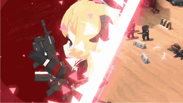 a girl with horns is holding a gun in a video game scene