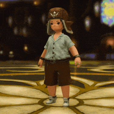 a child wearing a hat and shorts is standing on a tiled floor