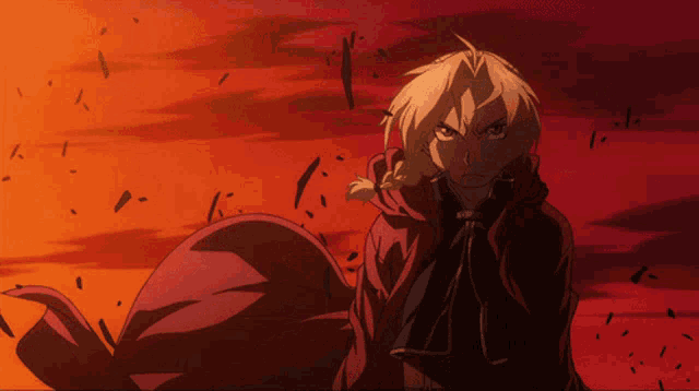 edward elric from fullmetal alchemist stands in front of a red background