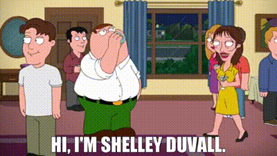 a group of cartoon characters are standing in a room and one of them says hi i 'm shelley duvall