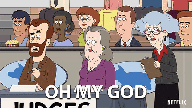 a group of people sitting in a courtroom with the words oh my god judges