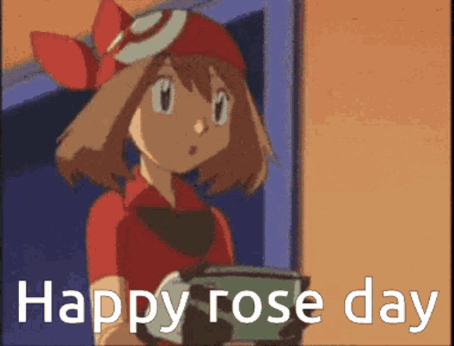 a girl in a red shirt is holding a box that says " happy rose day "