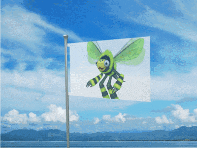 a flag with a picture of a bee on it is flying in the wind
