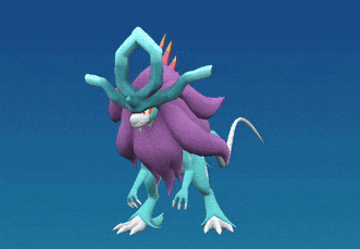 a purple and blue monster with a long tail is standing on a blue background