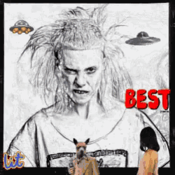 a black and white drawing of a woman and a dog with the words best in red