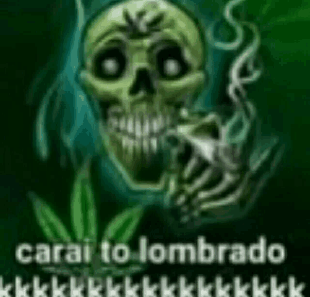 a cartoon skull is smoking a cigarette in front of a marijuana plant .