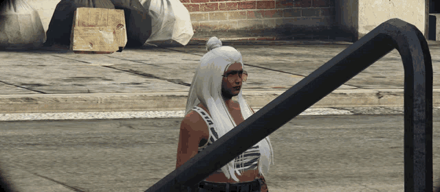 a woman with long white hair is wearing sunglasses and a crop top that says ' a ' on it