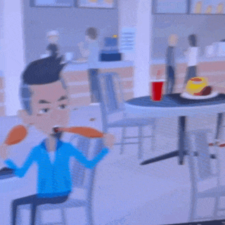 a man in a blue jacket is eating chicken