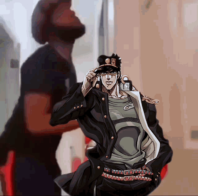 a man with a beard is standing in front of a cartoon character with a hat that says stardust crusaders