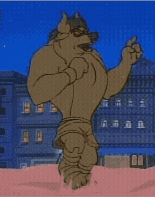 a cartoon character with horns is standing in front of a building in a city .