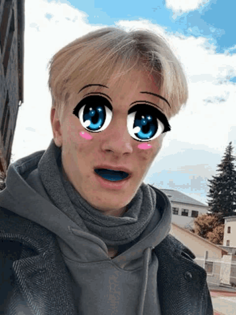 a man wearing a hoodie and a scarf has anime eyes on his face