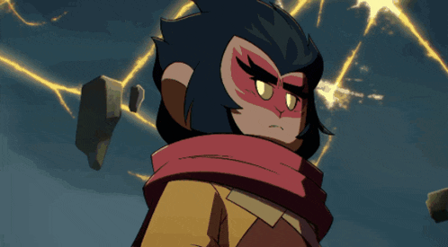 a cartoon character with a scarf around his neck has glowing eyes
