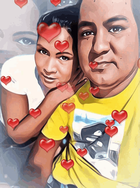 a cartoon of a man and a woman with red hearts around them
