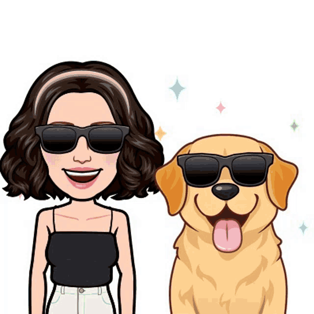 a woman wearing sunglasses stands next to a dog wearing sunglasses