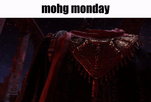 a picture of a demon with the words mohg monday on it
