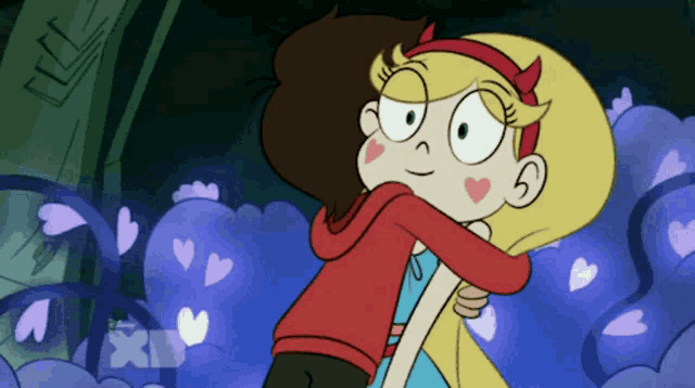 a couple of cartoon characters hugging each other with hearts behind them
