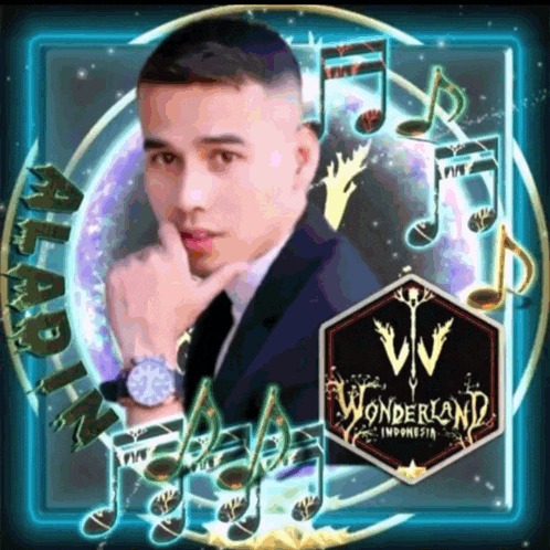 a man in a suit and tie is surrounded by music notes and a logo for wonderland indonesia
