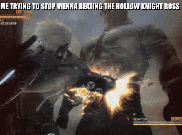 a video game scene with the words me trying to stop vienna beating the hollow knight boss on the bottom