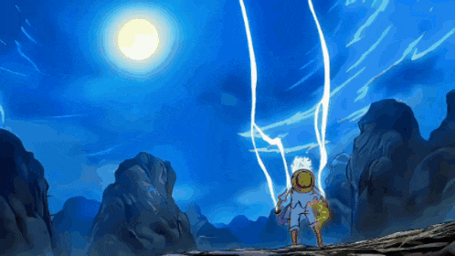 a cartoon character is standing in front of a full moon and lightning