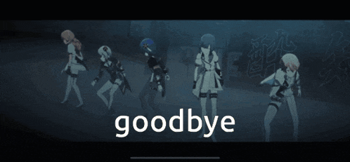 a group of anime characters are dancing and the word goodbye is on the bottom