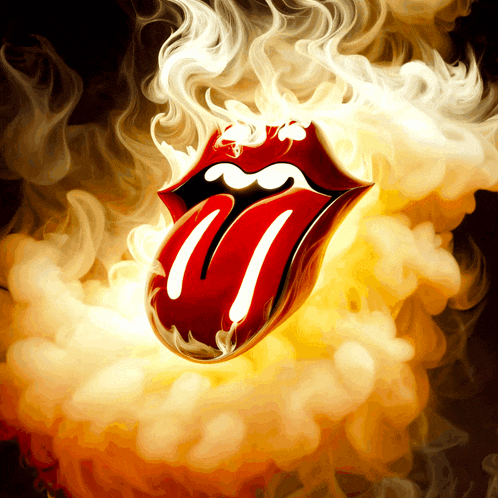 a rolling stones logo is surrounded by smoke and flames