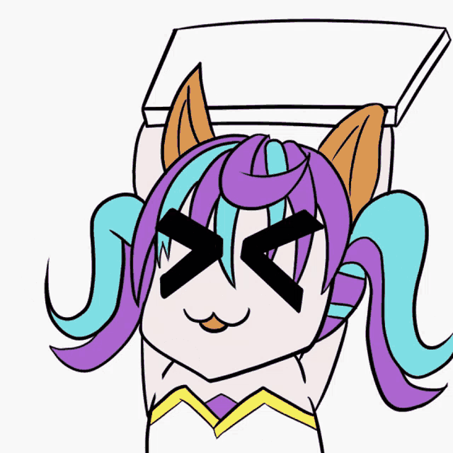 a drawing of a girl with purple and blue hair holding a sign with a heart on it