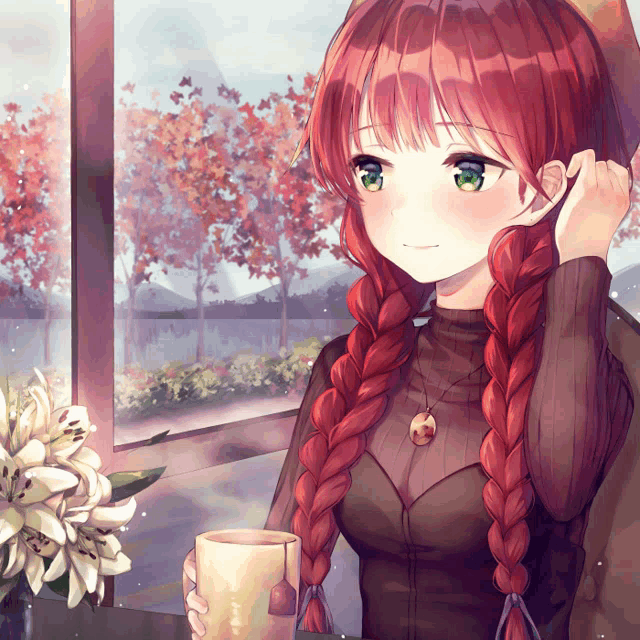 a girl with red hair and green eyes is holding a cup of starbucks coffee