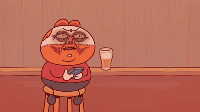 a cartoon character sitting on a stool holding a phone