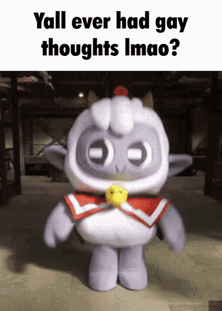 a stuffed animal that says yall ever had gay thoughts imao on it