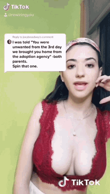 a woman in a red bra with a caption that says " tiktok "
